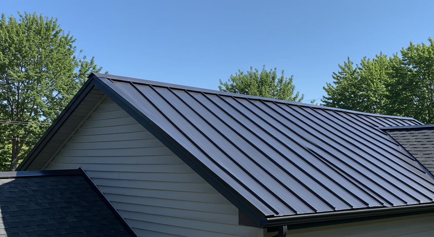 Close-up of a standing seam metal roof in Hanover, PA, with reflective panels under bright sunlight and a clear blue sky.