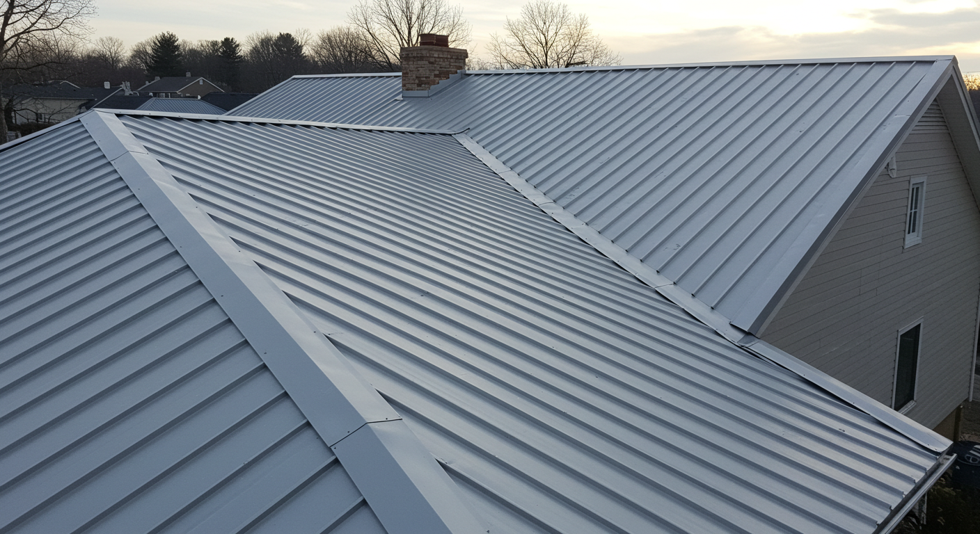High-angle view of a standing seam metal roof in Hanover, PA, with reflective silver panels under bright sunlight.