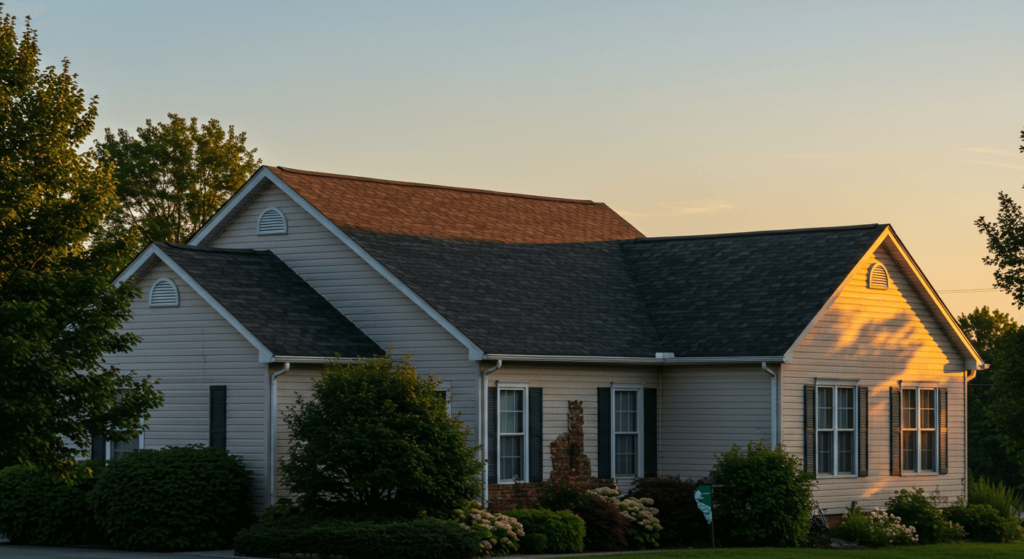 A serene Hanover home with a newly installed roof, bathed in golden hour sunlight and surrounded by greenery