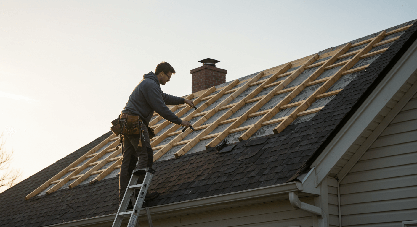 Roofing contractor inspecting a Hanover roof under soft golden light, focusing on the inspection process.