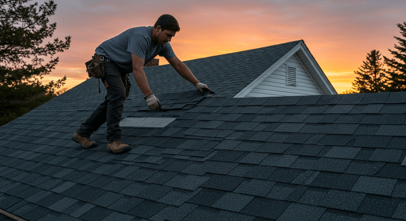 Roofing contractor installing dark shingles on a Hanover home, with a soft sunset glow in the background.